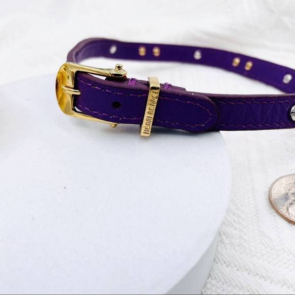 Henri Bendel Collection Purple Leather Gold Bow Crystal Logo Wrap Bracelet - Picture 3 of 6